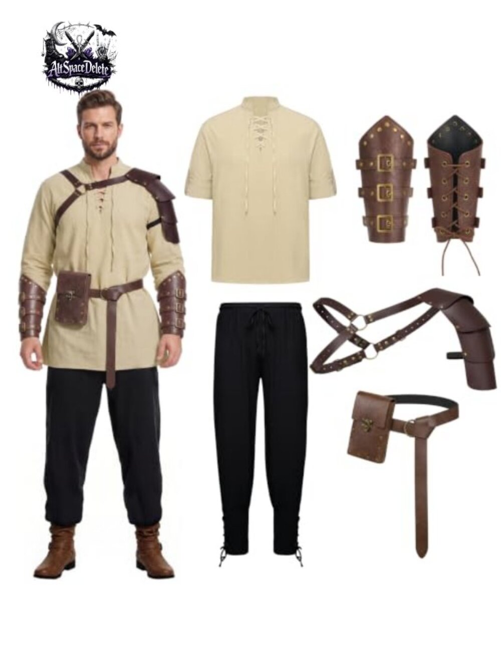 Men Renaissance Costume 7 Pc Medieval Viking Pirate Lace-Up Shirt Pants Set